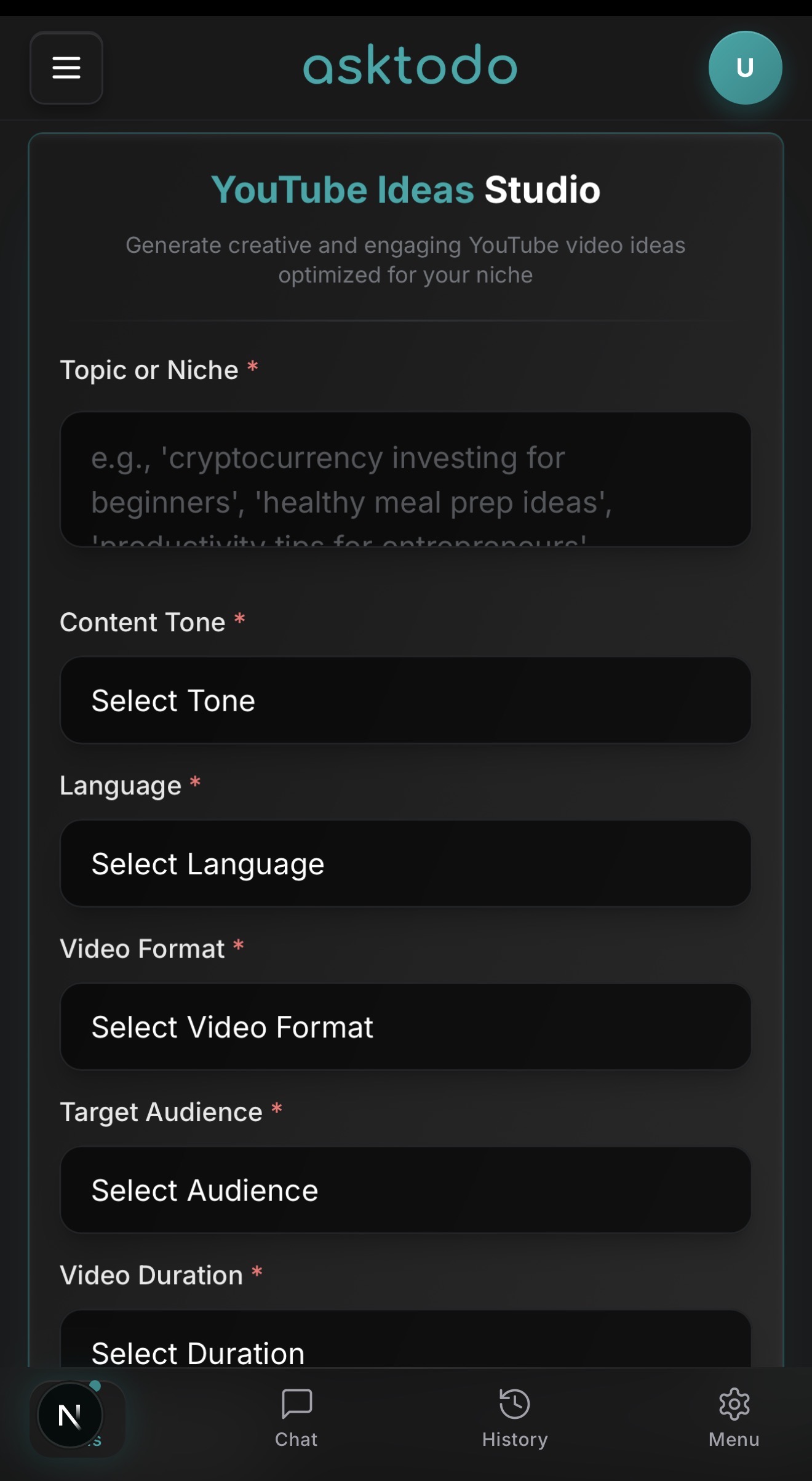 Free YouTube Ideas Generator - Creative Video Ideas by asktodo.ai ...